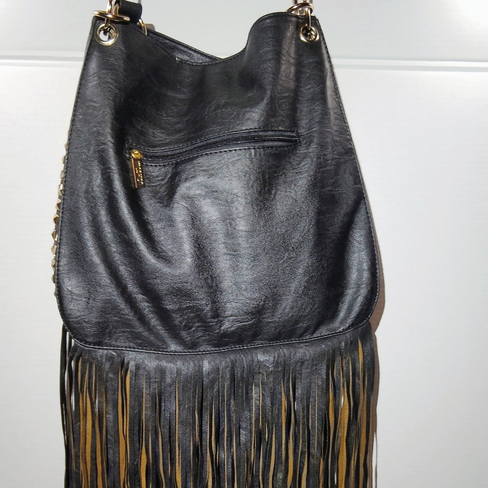 The Vintage Moschino Faux Leather black Terra Fringe Boho Western Shoulder bag f
